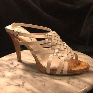 WHBM WHITE STRAPPY CORK HEELS